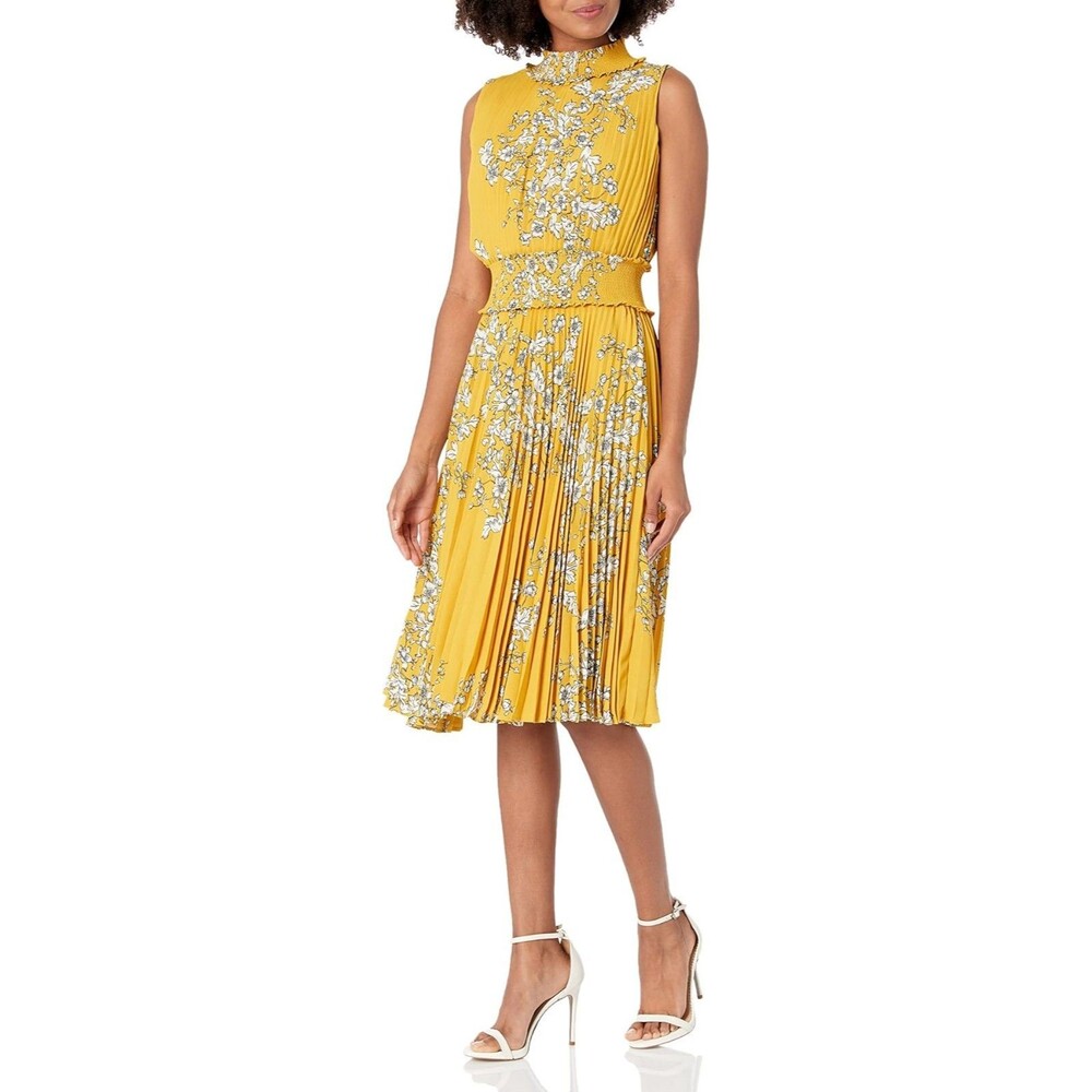 Nanette Lepore Women's Smocked High Neck Pleated Dress 4 Golden Cypress - Picture 4 of 4